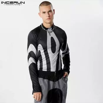 INCERUN Мужская водолазка с длинным рукавом и принтом, полосатые повседневные топы