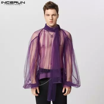 INCERUN Мужская водолазка с длинным рукавом на шнуровке, сетчатая прозрачная клубная одежда, топы, футболки L чёрный