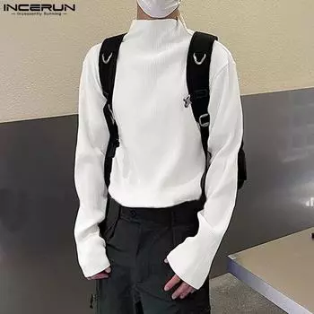 INCERUN Мужская водолазка с длинным рукавом, пуловер в полоску, трикотажные майки S белый