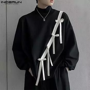 INCERUN Мужская водолазка с длинным рукавом Пуловер Повседневный бант Лоскутные топы S чёрный