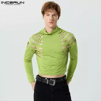 INCERUN Мужская водолазка с вырезами и длинными рукавами, облегающие топы