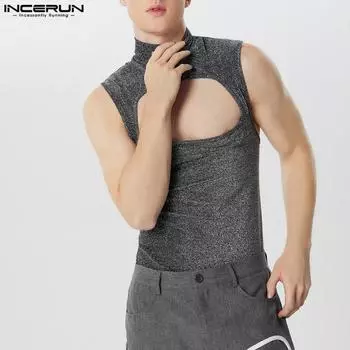 INCERUN Мужская водолазка с вырезом жилет без рукавов с блестками блестящие вечерние майки 3XL синий