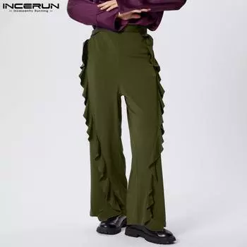 INCERUN Мужские эластичные брюки с высокой талией и оборками по низу, повседневные длинные узкие брюки в стиле пэчворк 4XL чёрный