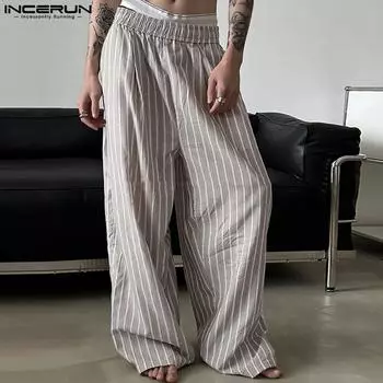 INCERUN мужские эластичные полосатые длинные брюки с высокой талией повседневные широкие брюки S розовый