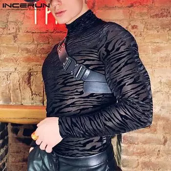 INCERUN мужские эластичные рубашки из прозрачной сетки с длинными рукавами, майки с клубным принтом, топы XL чёрный