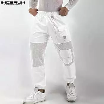 INCERUN Мужские эластичные сетчатые прозрачные брюки-шаровары в стиле пэчворк в уличном стиле XL