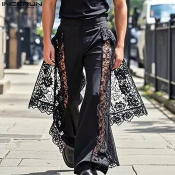 INCERUN мужские эластичные талии кружевной подол пэчворк нерегулярные праздничные длинные брюки S чёрный