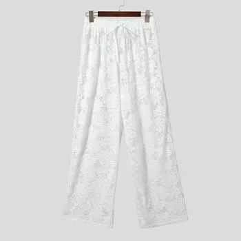 INCERUN мужские эластичные талии кружевные ажурные прозрачные длинные широкие брюки брюки прикрытие 2XL
