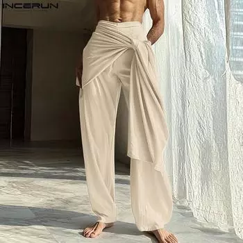 INCERUN Мужские эластичные талии, оборки, слои, длинные повседневные брюки, прямые брюки 3XL чёрный