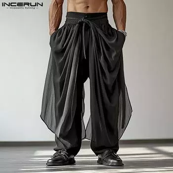 INCERUN Мужские эластичные талии, однотонные, повседневные, свободные, длинные брюки M чёрный