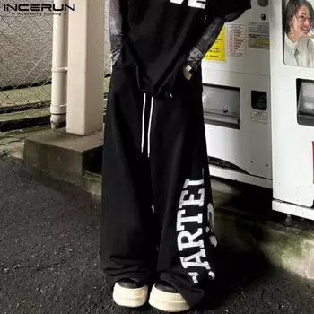 INCERUN мужские эластичные талии шнурок печати свободные широкие брюки повседневные спортивные брюки XL чёрный