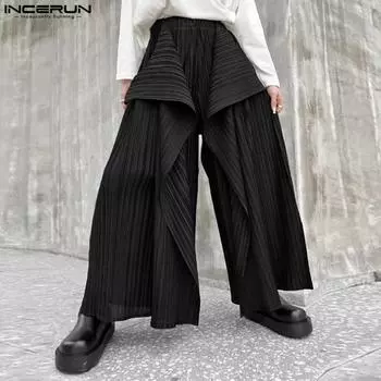 INCERUN Мужские эластичные талии, слои, нерегулярные оборки, пэчворк, повседневные длинные брюки S чёрный