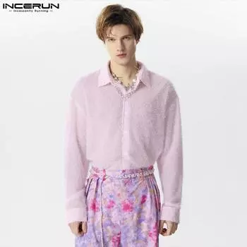 INCERUN Мужские элегантные прозрачные топы с отложным воротником и длинными рукавами S чёрный