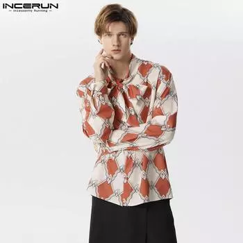 INCERUN Мужские элегантные рубашки с длинным рукавом и бантом на шнуровке с принтом