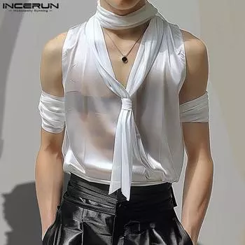 INCERUN Мужские атласные блестящие топы с открытыми плечами и воротником-стойкой, повседневные тонкие майки 2XL белый