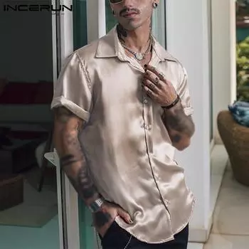 INCERUN мужские атласные шелковые рубашки с отложным воротником и короткими рукавами, повседневные летние футболки на пуговицах S фиолетовый
