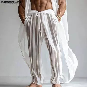 INCERUN мужские бандажные эластичные сетчатые длинные брюки в полоску для вечеринок летние брюки 4XL белый