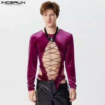 INCERUN мужские бархатные комбинезоны на шнуровке с длинными рукавами, боди 3XL
