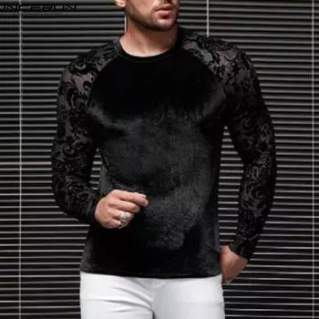 INCERUN мужские бархатные топы с длинными сетчатыми рукавами и цветочным принтом на весну и лето