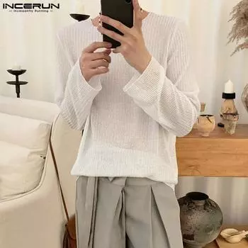 INCERUN Мужские белые свободные топы с длинными рукавами, ажурная футболка