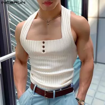 INCERUN Мужские безрукавки с квадратным вырезом, тонкие майки, жилеты, повседневные футболки для вечеринок S белый