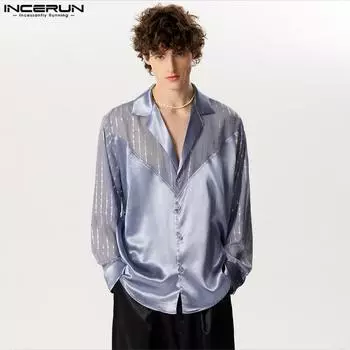 INCERUN Мужские блестящие атласные элегантные лоскутные рубашки с V-образным вырезом и длинными рукавами S чёрный