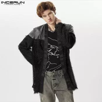 INCERUN Мужские блестящие куртки-кардиганы с длинными рукавами и открытой передней частью с кисточками в стиле пэчворк M чёрный