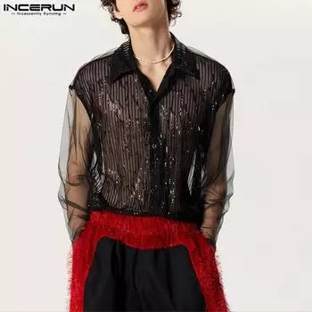 INCERUN Мужские блестящие прозрачные рубашки с длинным рукавом и воротником с лацканами 4XL чёрный