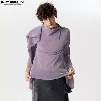 INCERUN Мужские блестящие прозрачные сетчатые рубашки с высоким воротом и длинными рукавами