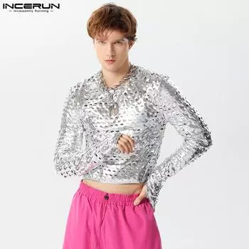 INCERUN Мужские блестящие серебряные короткие топы с круглым вырезом и длинными рукавами