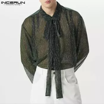 INCERUN Мужские блестящие сетчатые рубашки с длинными рукавами и бантом для вечеринок 2XL бежевый