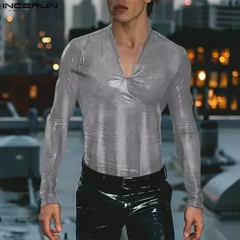 INCERUN Мужские блестящие топы с длинным рукавом и V-образным вырезом, серебристые тонкие майки S серебряный