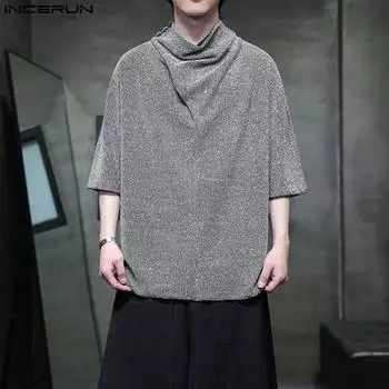 INCERUN Мужские блестящие топы с рукавами 3/4, пуловеры с воротником-хомутом S чёрный