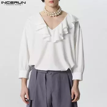 INCERUN Мужские блузки с v-образным вырезом и длинными рукавами-фонариками