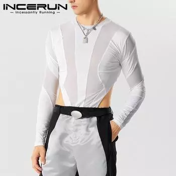 INCERUN Мужские боди с сращиванием в сетку, облегающие топы с длинными рукавами и длинными рукавами