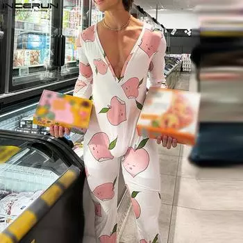 INCERUN Мужские боди с V-образным вырезом и длинными рукавами, длинные брюки с принтом, комбинезоны, пижамы, домашняя одежда