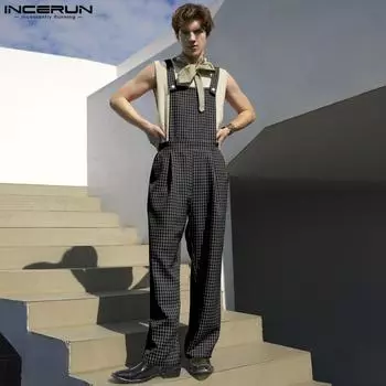 INCERUN мужские брюки без рукавов в клетку с длинными нагрудниками, комбинезоны, комбинезоны