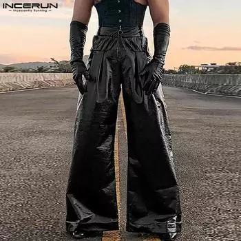INCERUN Мужские брюки из искусственной кожи с оборками на талии, повседневные длинные брюки 4XL
