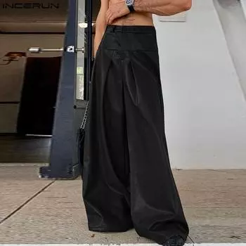 INCERUN мужские брюки из искусственной кожи с высокой талией на молнии, повседневные длинные брюки с карманами XL коричневый