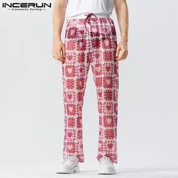 INCERUN Мужские брюки из прозрачной сетчатой ткани с принтом в виде оконной решетки и сердца