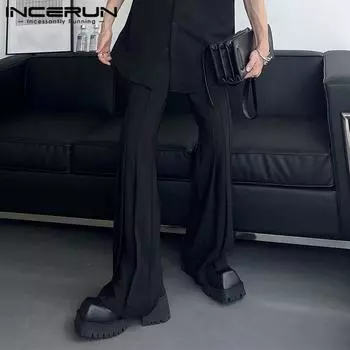 INCERUN Мужские брюки-клеш с застежкой-молнией на талии, плиссированные, облегающие, длинные брюки L коричневый