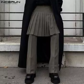 INCERUN Мужские брюки-кюлоты с застежкой-молнией и складками, длинные многослойные брюки 4XL темно-оранжевого