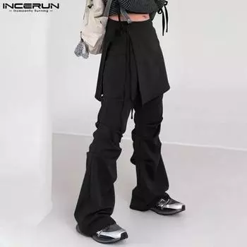 INCERUN мужские брюки на молнии с талией, повседневные, с запахом, длинные, с оборками, леггинсы XL