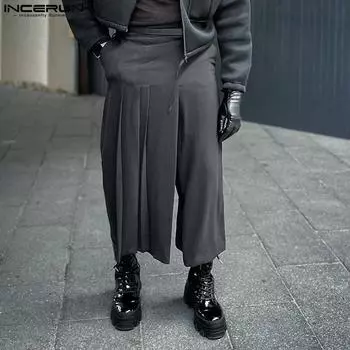 INCERUN Мужские брюки-плиссировки с застежкой-молнией, повседневные широкие брюки 3XL чёрный