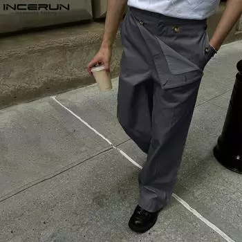 INCERUN мужские брюки прямого покроя с застежкой-молнией и запахом на талии, повседневные длинные брюки для костюма M синий