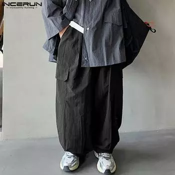 INCERUN мужские брюки с эластичной резинкой на талии и шнурком, повседневные длинные брюки-шаровары S темно-серого