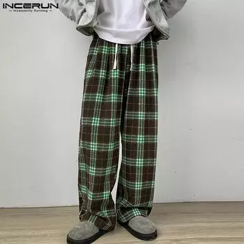 INCERUN Мужские брюки с эластичной резинкой на талии, длинные брюки в клетку S