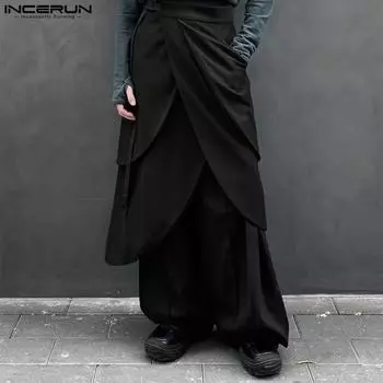INCERUN Мужские эластичные талии, многослойные брюки с оборками, повседневные нестандартные длинные брюки 2XL