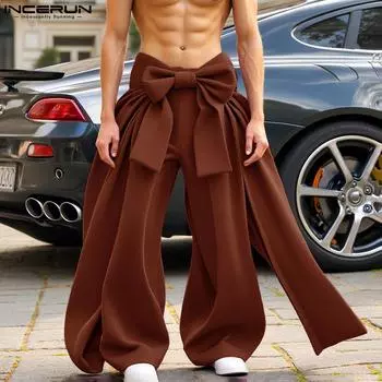 INCERUN мужские широкие брюки с эластичной талией, повседневные свободные длинные многослойные брюки с бантом M чёрный