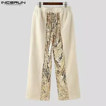 INCERUN Мужские брюки с эластичной талией и мехом, повседневные свободные брюки с пайетками и пушистым лоскутным принтом S бежевый